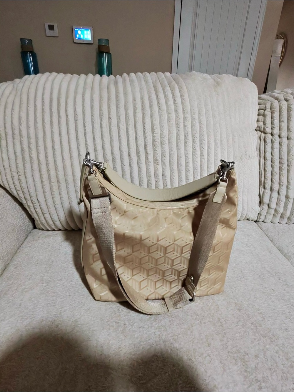 Authentic MCM Cream Embossed Hobo Shoulder Bag